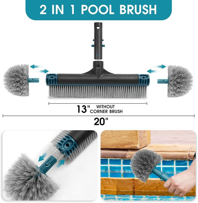 POOLWHALE 20'' Pool Brush Head, Detachable Pool Cleaning Brush with Durable Around Nylon Bristles, EZ Clip Aluminum Handle- Clean Swimming Pools Walls, Steps & Corners Faster - Image 2